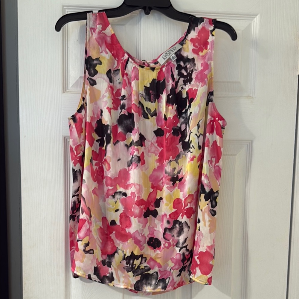 Kasper Pink and Black Blouse with Watercolor Floral Design